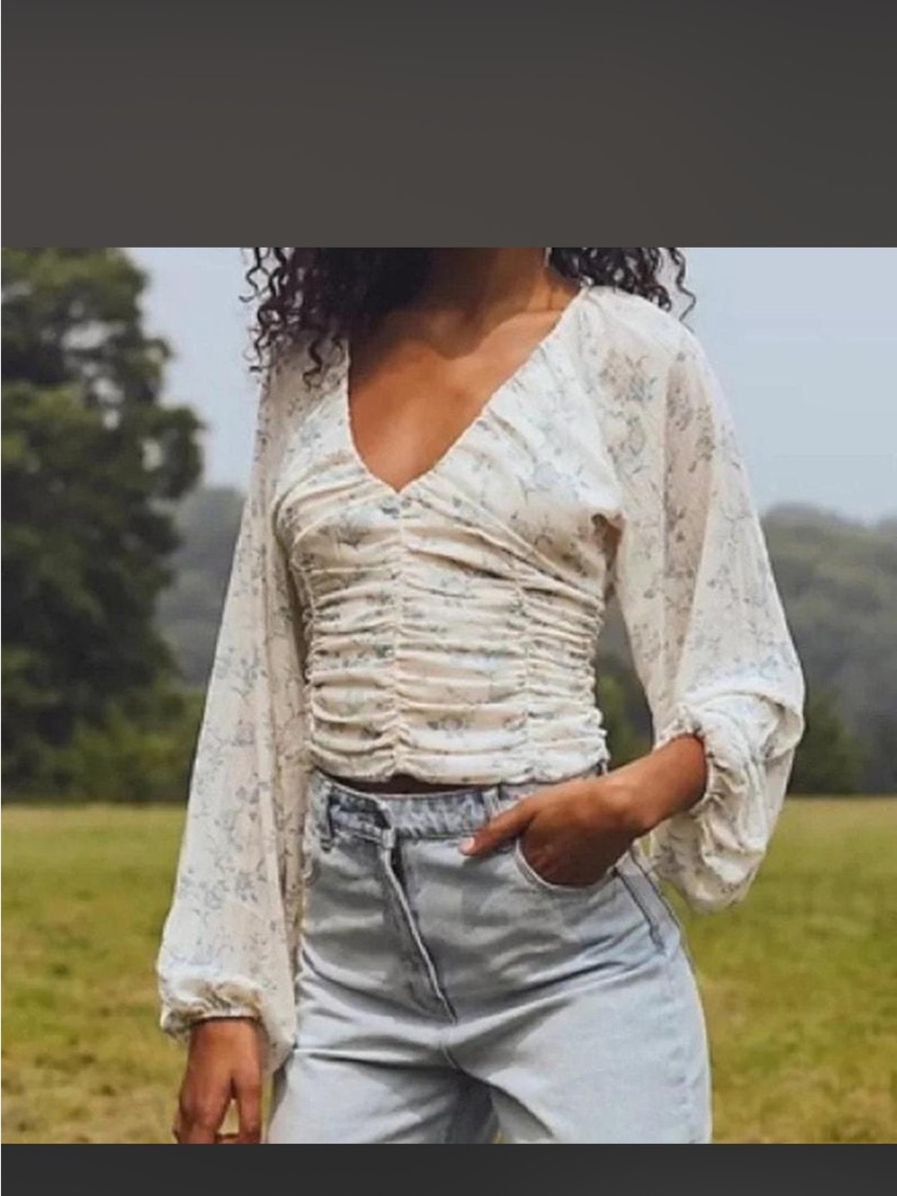 Free People Final Rose Ruched Floral V-Neck Blouse - Cream